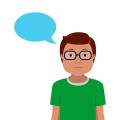 Geek in green t-shirt and blank speech balloon. Vector illustration.