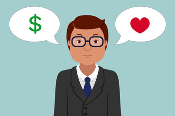 Employee in suit choose between love and money. Vector illustration.