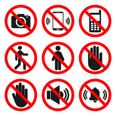 NO CAMERAS, NO PHONES, NO ENTRY signs. NO SOUND, DO NOT TOUCH symbols. Forbidden icon set. Vector.