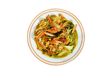 Top view of Fried crab with curry powder, popular seafood menu in asia. Fried crab with curry powder, onion and egg. Image with path isolate on white background. Selective focus and shoot in studio.