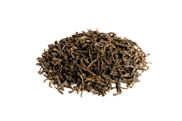 Aromatic crumbly Handful of Dry tea leaves isolated on white background. Green and black dry tea, isolated on white