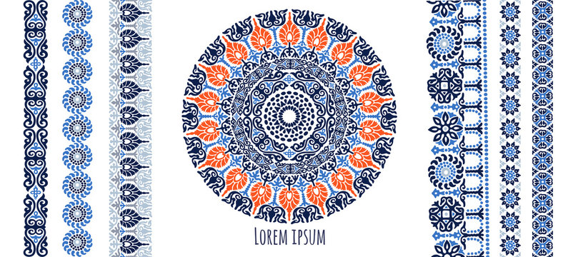 Vector vintage decor, ornate seamless borders and round mandala. Vignettes with arches, rosettes, floral elements. Eastern style design. Ethnic decoration. Indian, Pakistani, Turkish, Arabic motifs.