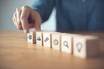 Woman hand arranging wood block with icon business strategy and Action plan.