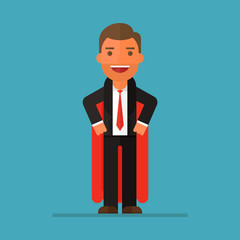 Confident businessman in black suit and red cape