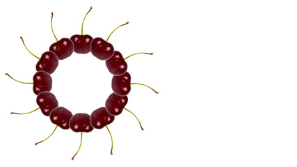 Red fresh cherry fruit background, frame and border, empty space