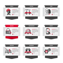 set of web thumbnails with user interface symbols, gray and red ribbons with titles, icons, sample texts for description and well designed read more buttons, eps10 vector illustration