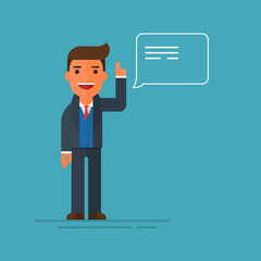 Handsome young businessman holding up his index finger and giving advice. Attractive manager speaking with speech bubble. Modern character design.