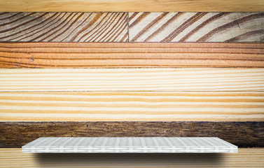 Fototapeta na wymiar Empty white shelf on wooden background for product display