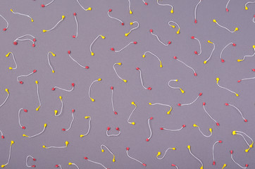 Decorative wooden beads composition, minimal background. Flat lay