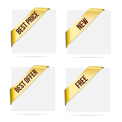 Sale gold corner ribbons. New, best offer, best price, free messages. Vector design elements set - 255690149