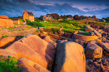 Seaside holiday villas with granite cliffs in Brittany region, France