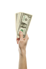 One American dollars cash money in male hand isolated. Tips and tax concept with 1 US Dollars banknote