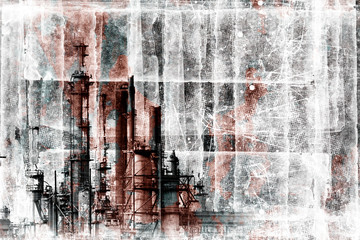 Refinery plant. Pipes of working factory.. Monochrome grunge bitmap illustration 