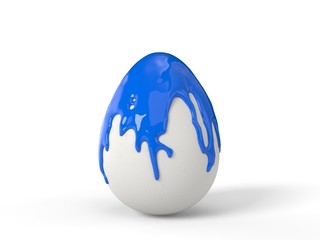 blue paint splash over a white easter egg. 3d illustration