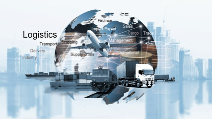 Abstract image of the world logistics, there are world map background and container truck, ship in port and airplane © sittinan