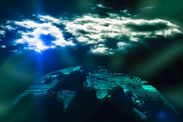 Global cloud computing concept. Earth hemisphere map from circuit board with light rays and clouds above. The elements of this image furnished by NASA.