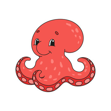 Octopus. Cute flat vector illustration in childish cartoon style. Funny character. Isolated on white background.