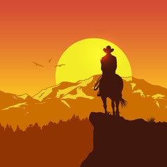 Silhouette of lonesome cowboy riding horse at sunset, Vector Illustration