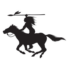 Silhouette of Native American Indian riding horseback with a spear, Vector
