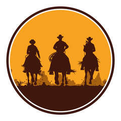Silhouette of cowboys riding horses in a circle shape, Vector
