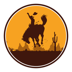 Silhouette of a cowboy riding a wild horse in  a circle shape, vector