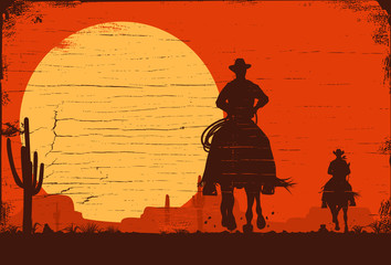 Silhouette of cowboys riding horses, Vector