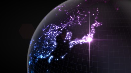 power of japan, energy beam on tokyo. dark globe with illuminated cities and human density areas. 3d illustration