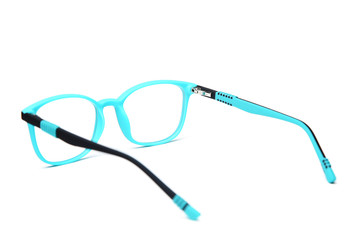 Back side view children's glasses plastic rim frame on white background