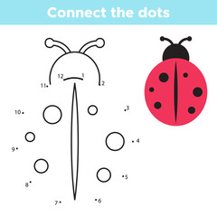Educational numbers game for children, connect the dots. Vector cartoon ladybug. Coloring page.