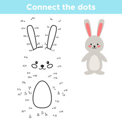 Educational numbers game for children, connect the dots. Vector kawaii Easter rabbit. Coloring page.