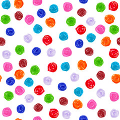Seamless pattern with a painted felt-tip pen bright multicolored polka dots