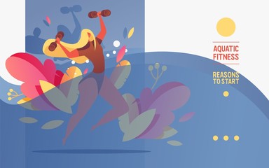 Horizontal banner with young woman in pool with barbells doing waterobics or water aerobics. Template good for swimming courses with blue wave and greenery