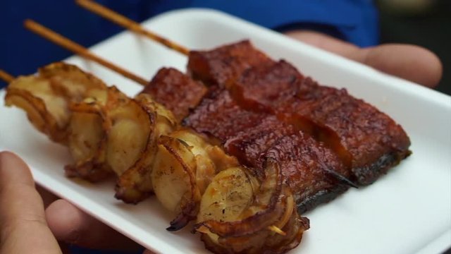 Scallop and eel skewer grill bbq at Tsukiji market