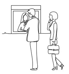 Bank, People waiting in financial transactions in the bank. Professional vector illustration isolated on white background. Continuous line drawing. Vector, drawing by lines