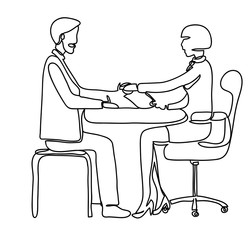 handshake pensioner and bank employee in the office. Professional vector illustration isolated on white background. Continuous line drawing. Vector, drawing by lines