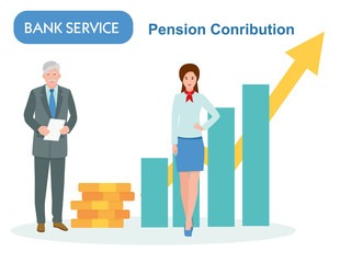 pension savings in the Bank. retired with Manager. Income growth chart, banking services, financial report graph. Professional flat cartoon vector illustration