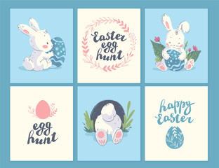 Vector collection of Easter holiday congratulation cards, tags, stickers with lettering, cute little bunny character with easter eggs isolated. Flat hand drawn style. For holiday gifts, decor, banners