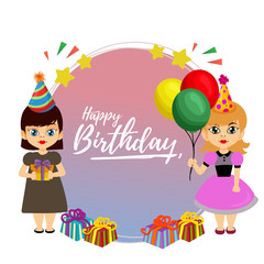 flat style happy birthday round card with two little girl