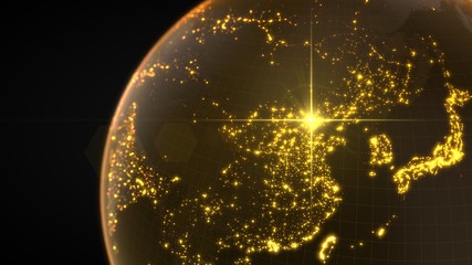 power of china, energy beam on Beijing. dark globe with illuminated cities and human density areas. 3d illustration