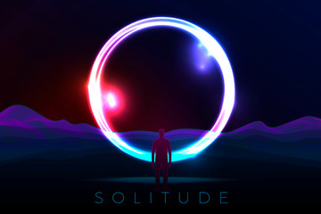 Vector banner, poster design template in futurism style, with bright circle over the mountains. With a man standing in front of it, solitude travel concept.