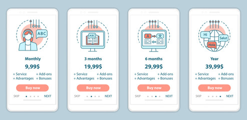 Language learning onboarding mobile app screens with service prices