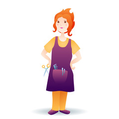 Redhead woman with scissors, dressed in an apron. Profession hairdressers