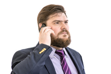 big handsome serious bearded business man using mobile smart phone, isolated on white