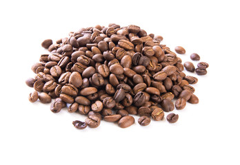 close up bunch of brown Coffee beans isolated on white