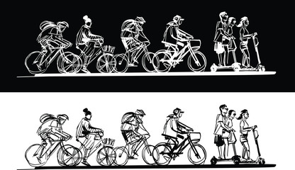 set of silhouettes of men and women bicycles on black background