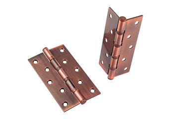 Two metal door or window hinges brown color isolated on white background without shadow