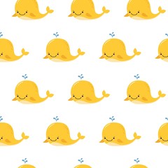 Cute background with cartoon yellow whales. Kawaii animal pattern