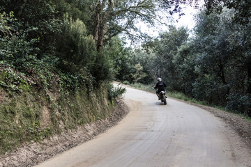 Fototapeta premium Motocross driver on pathway in mountain forest