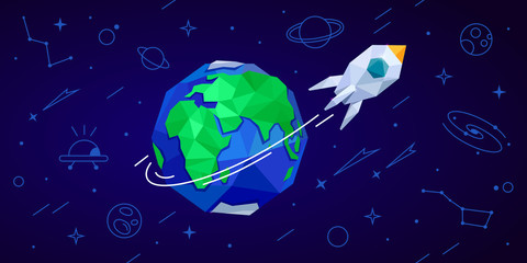 Blue banner with flight rocket space around the Earth. Horizontal vector illustration