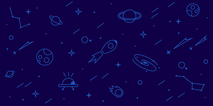 Blue space background with rocket, planet, stars, galaxy, UFO and constellation. Space travel illustration and pattern